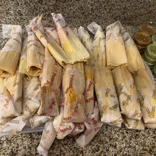3 dozen tamales (pork, chicken, and chile jalapeño/cheese) with salsa
