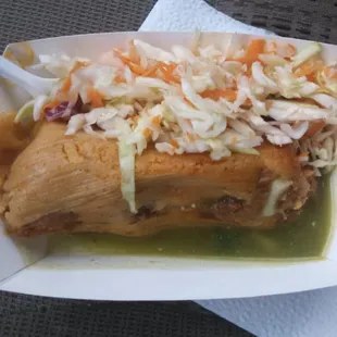 Best pork tamales ever with Mexican slaw