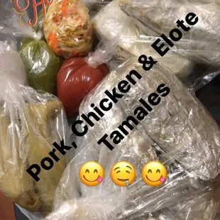 Pork, chicken and elote (I think seasonal) tamales.