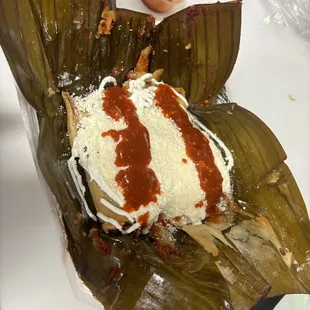 Messy, just like how we like it. Ft 2 banana leaf tamales with the works. Yum