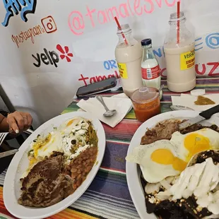 Chilaquiles with Steak and Pastor Left  has green salsa, right has mole neuro (my favorite!!) Horchata