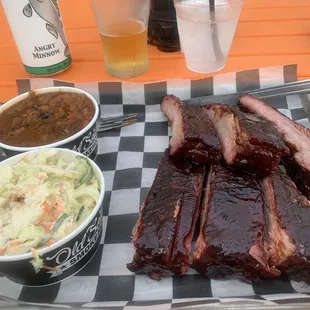 Ribs , slaw and baked beans
