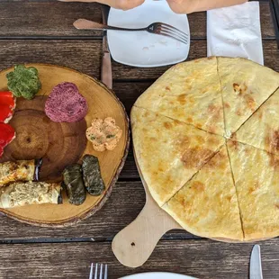Appetizer sampler with traditional cheese bread. SO good!!!!