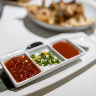 Complimentary Hot Chili Plate w/ Sambal, Thai Chilies, and Sriracha