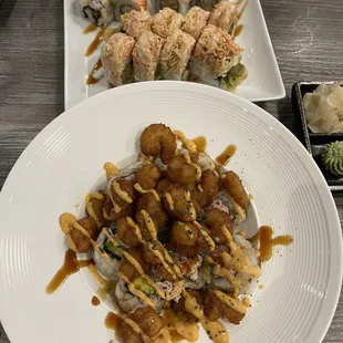 Popcorn shrimp roll, Tiger roll, and a Ms. Krabs roll.