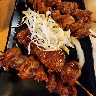 Chicken hearts skewers and chicken gizzard skewers