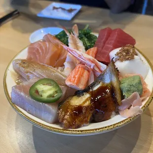 Chirashi (Chef Choice) - assorted sashimi over a bed of sushi rice