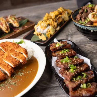 Pork Cutlet Curry, Tamashi Tacos, Korean BBQ Ribs, Beef Donburi bowl, Rio Grande Roll