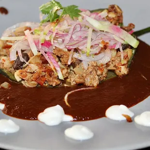 The Chile Relleno was made with poblano chili, pork-chorizo picadillo, sweet plantain, and chile pasilla salsa.