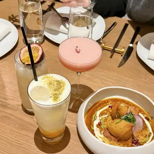 Light Lassi Luxe, Crown Lassi Luxe, Pink Viper, and Baked Samosa Chaat