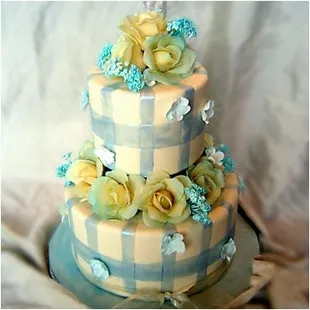 a three tiered cake with flowers on top