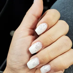 Powder nail white tip with sparkle ombre