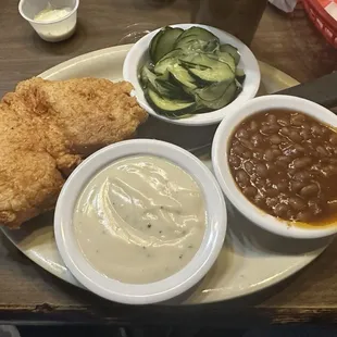 Chicken Fried Chicken w/Baked Beans &amp; Cucumbers &amp; Onions