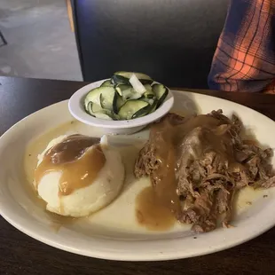 Roast Beef Dinner with Mashed Potatoes &amp; Cucumber &amp; Onion Salad