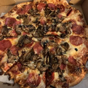 Pepperoni &amp; mushroom. They were out of jalapeños.