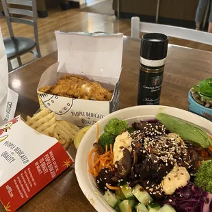 PDQ Chicken strips and Bare Naked Pork Bowl