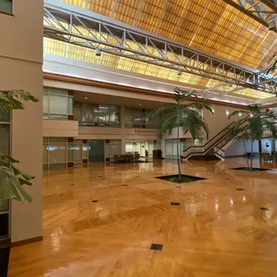 Inside building. Air conditioned area to eat and public restrooms