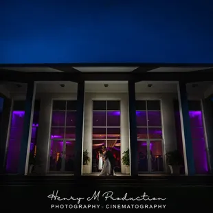 Front of main hall at night