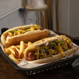 two hot dogs and french fries