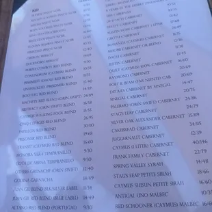 Red wine list (by glass and bottle)