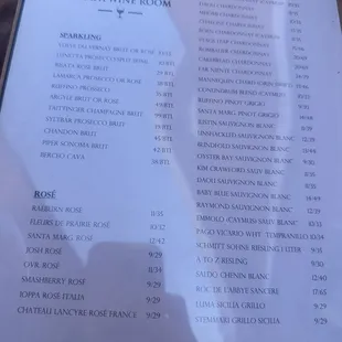White wine list (glasses and bottle)