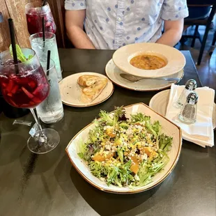 Endless Summer Salad in foreground, sausage, lentil &amp; kale soup in background, and red sangria