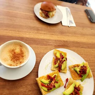 Avocado toast, chai tea, bacon egg and cheese