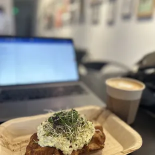 Egg salad croffle, latte and work