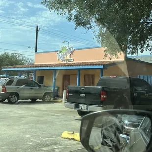 a view of a parking lot from a car&apos;s side view mirror