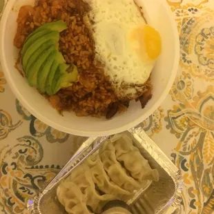 Kimchi rice bowl. Are these dumplings for ants?!!! Why so small?