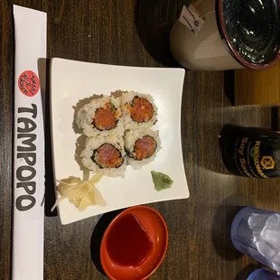 Spicy Tuna Hand Roll and green tea