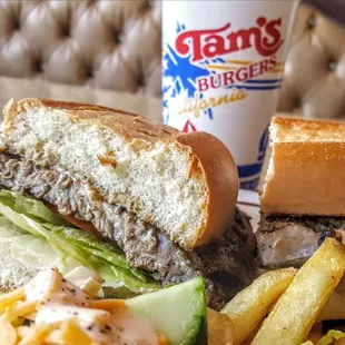 Tams Burger in Yucaipa,California has a super delicious steak sandwich plate-unbelievably delicious!