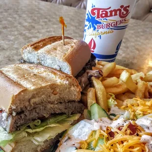 Tams Burger in Yucaipa,California has a super delicious steak sandwich plate-unbelievably tasty!