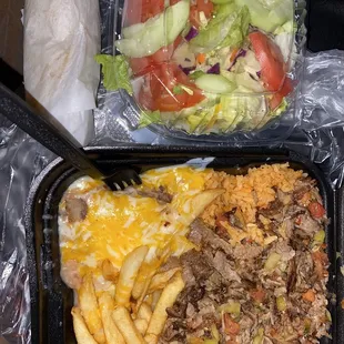 Carne Asada,Beans,Rice and Fries with a  salad