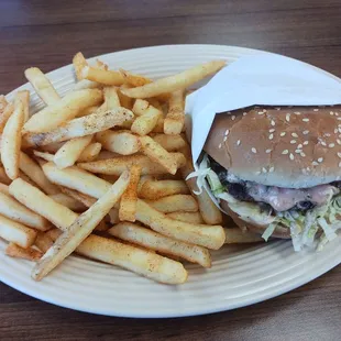 $10.99 hamburger, fries, drink combo (drink not shown)