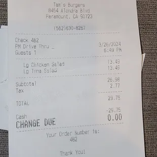 Receipt for large salads, they are huge! Great flavor and definitely sharable. Thank you for providing enough dressing!