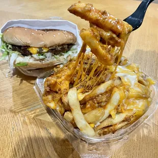 Chili Cheese Fries and a Bacon Cheeseburger (To Go). Dinner 4/12/2022