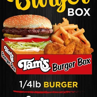 the menu for tam's burger box