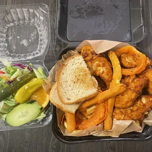 Chicken Tender Dinner. Salad, Toast, 6 Chicken Tenders and fries/onion rings