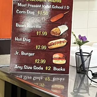 a menu on a counter