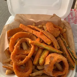 This is the combo plate which comes with fries, onion rings, and zucchini all of which were super delicious