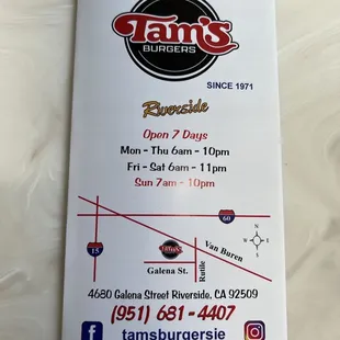 menu for tams burgers