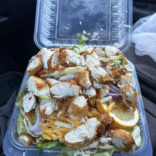 Large crispy chicken salad. A fry snuck in.