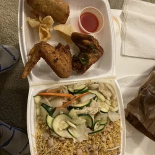 Jalapeño chicken wings and Garlic Chicken with chicken fried rice