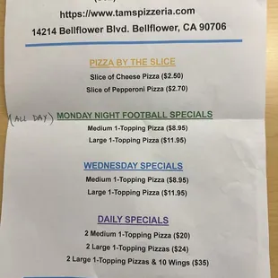 Weekly specials menu