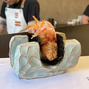 Crispy tuna rice hand roll