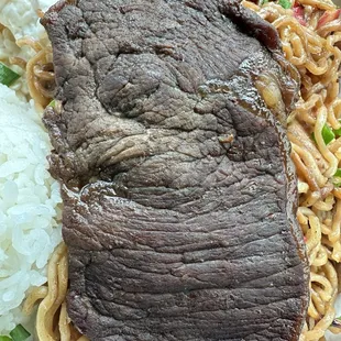 Overly marinated old teri beef.