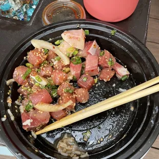 Poke bowl with half pre-frozen hamachi and half pre-frozen tamura&apos;s special ahi
