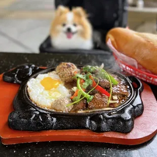 Bò Né: Vietnamese Steak &amp; Eggs w/ baguette, side salad (not shown) | $19.50 (two dog-friendly outdoor tables)