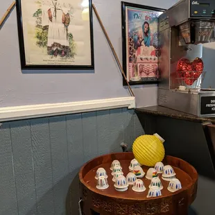 a table with tea cups on it
